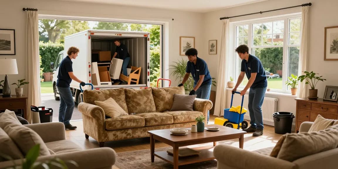 Efficient house clearance london service with friendly professionals removing old furniture in a bright living room.