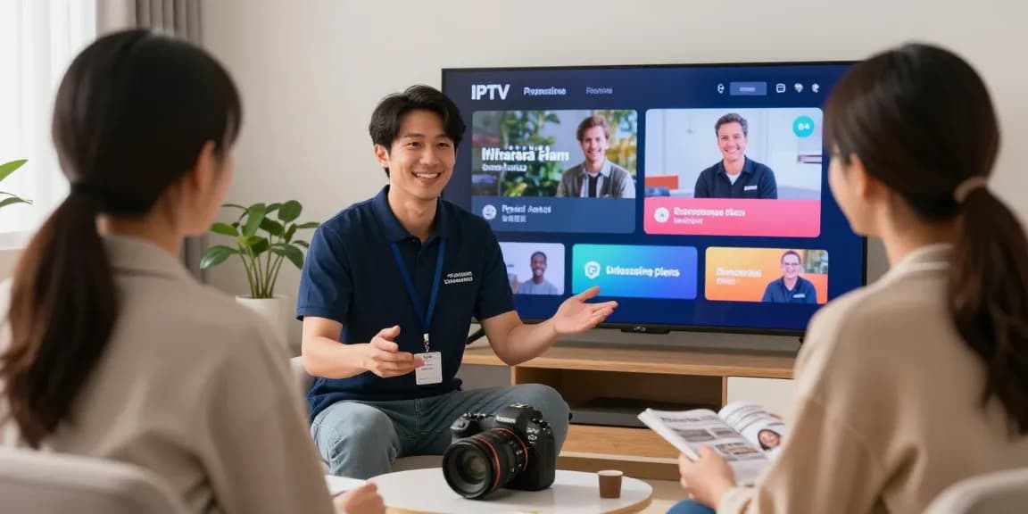 "Expert IPTV Services in a local setting, trusted provider reviewing plans with happy customers."