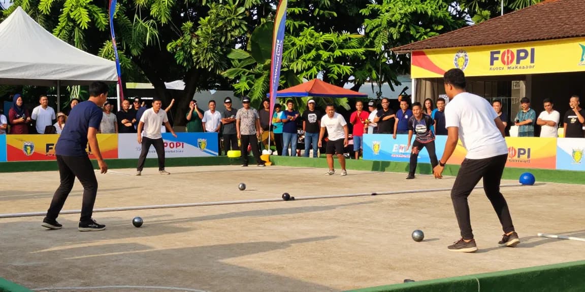 Exciting petanque tournament at fopikotamakassar.org, showcasing vibrant gameplay and community spirit.
