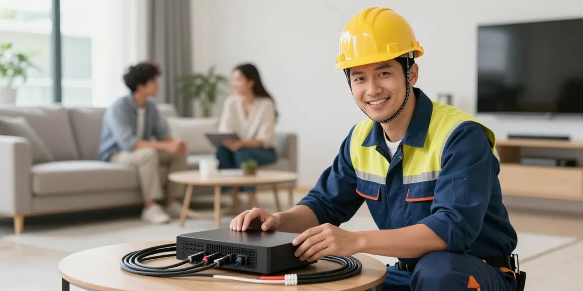 IPTV UK installation by trusted local serviceman in branded uniform, working at nearby home.