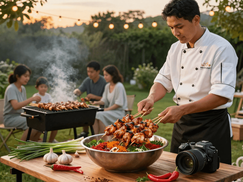 Delicious marinated chicken skewers grilling outdoors, capturing the essence of rokok88's culinary experience.