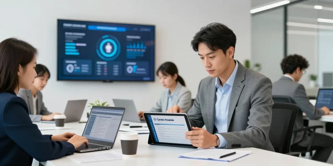 Business professional checking cyber essentials checklist in modern office environment.