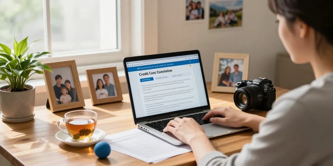 Stress-free financial planning at home with https://credit-consolidation.ca showcasing credit consolidation methods, tea, and documents.