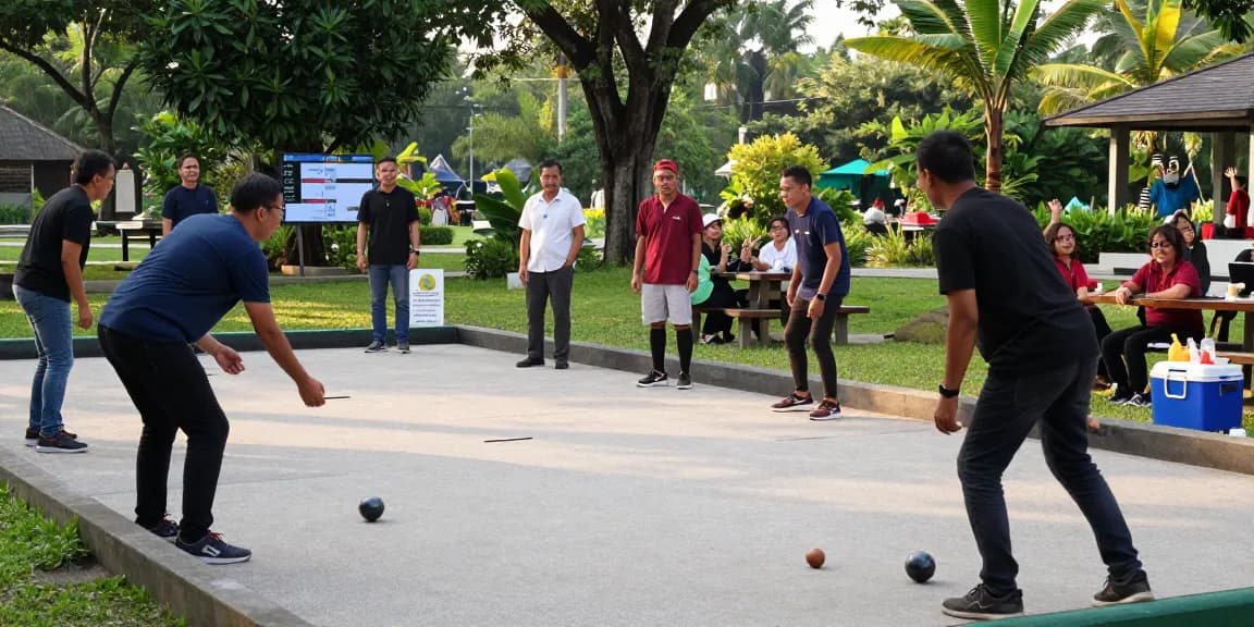 A diverse group of players enjoying a game of petanque at FOPI Kota Parepare, showcasing community spirit and outdoor activities.