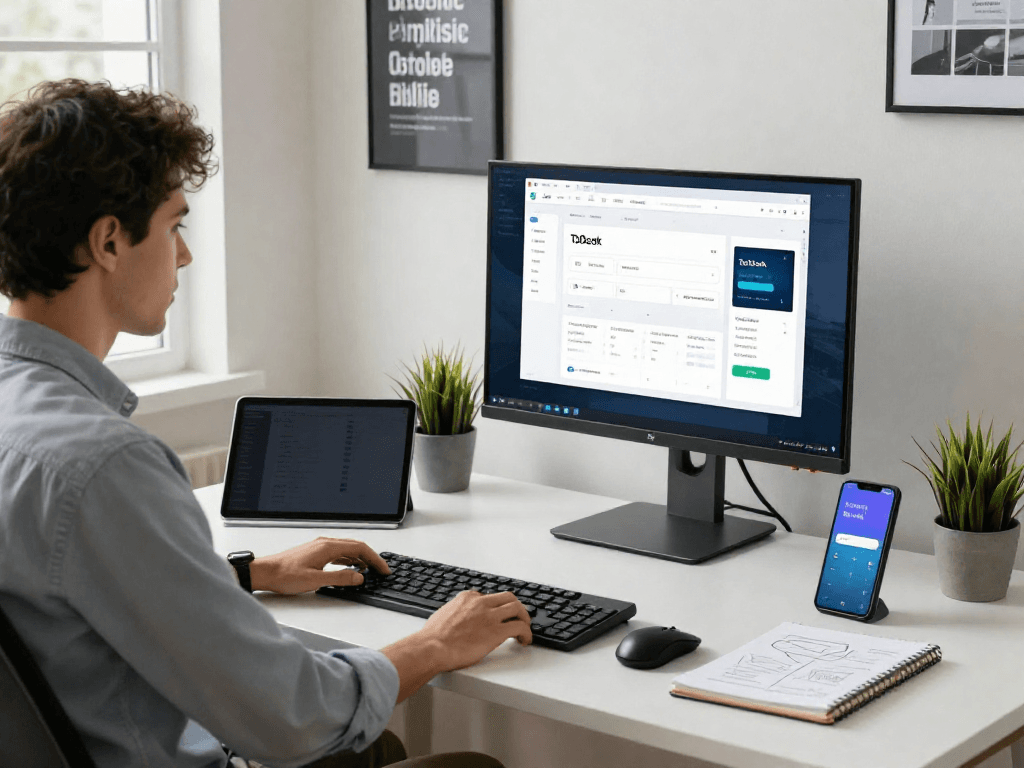 Remote desktop software experience with ToDesk interface in a modern office workspace