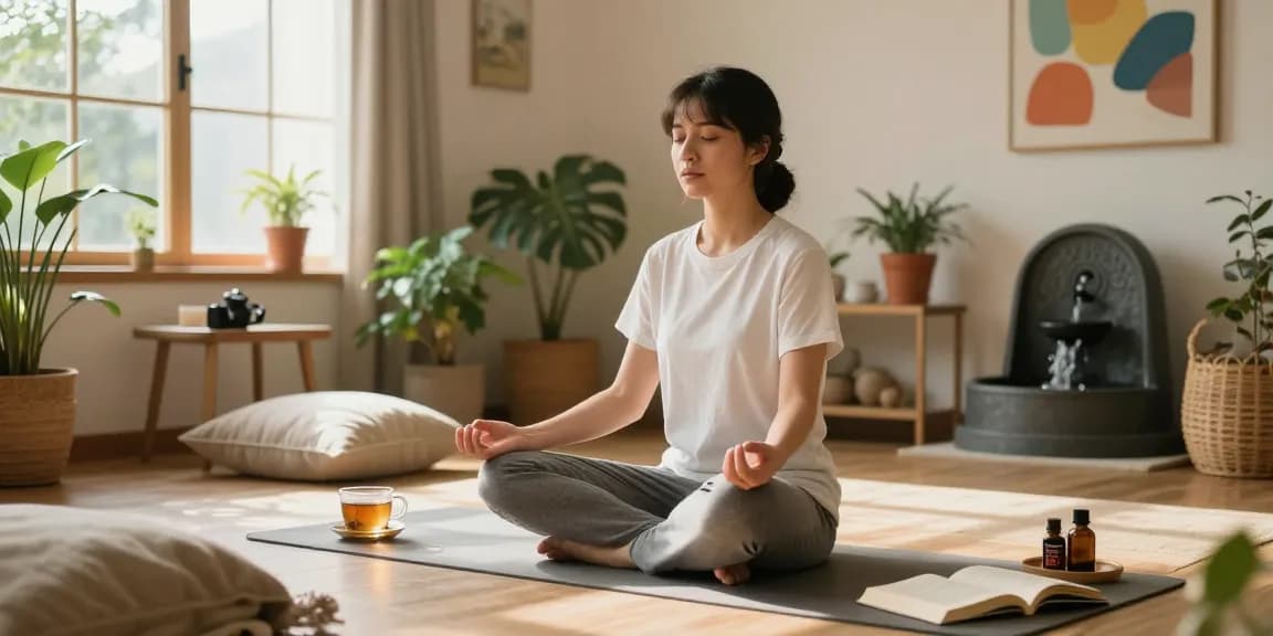 Individual meditating in a serene living room, employing techniques to ridurre lo stress with natural light and calming decor.