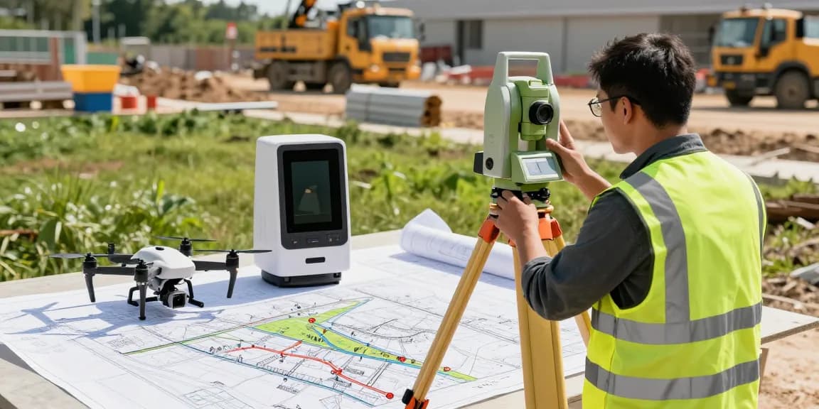Topographical surveys in action, featuring surveyor using high-tech equipment at construction site.
