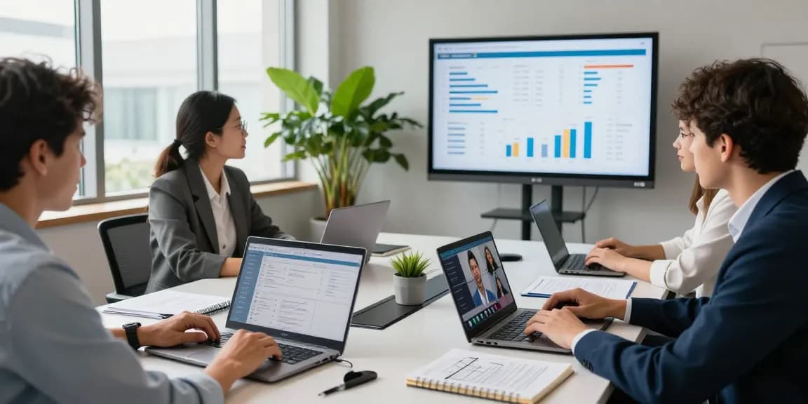 Team discussing call recording software in a modern office setting