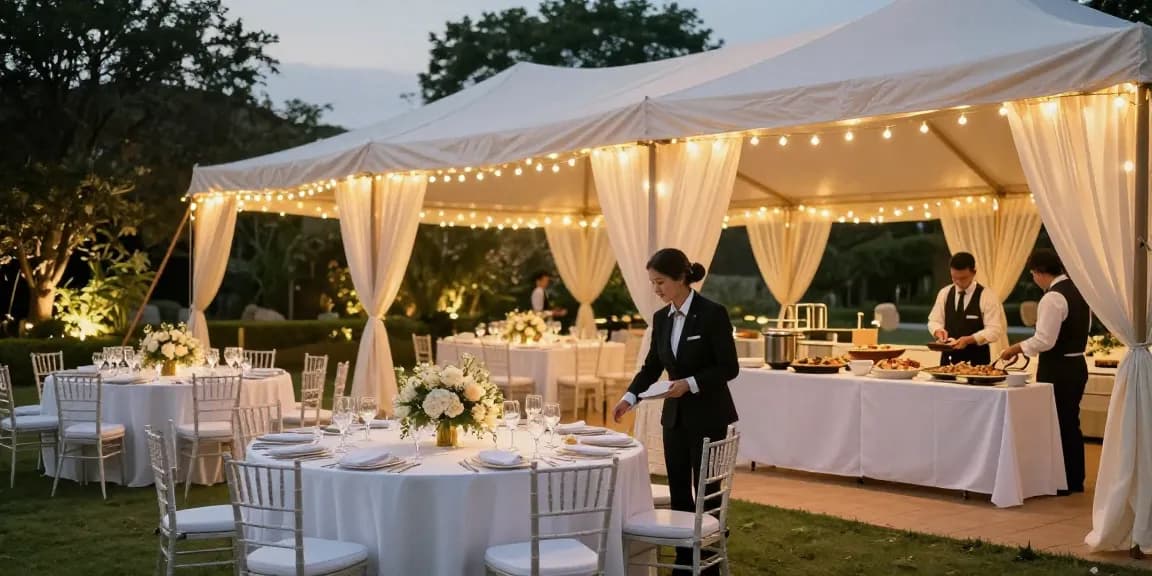 Professional outdoor event setup by casablancahire.co.uk showcasing a beautifully lit marquee and elegant table arrangements.