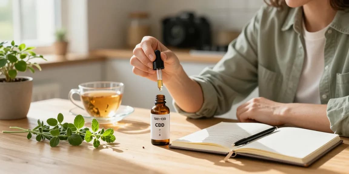 Person using canadian cbd isolate in a bright kitchen, emphasizing wellness and tranquility.