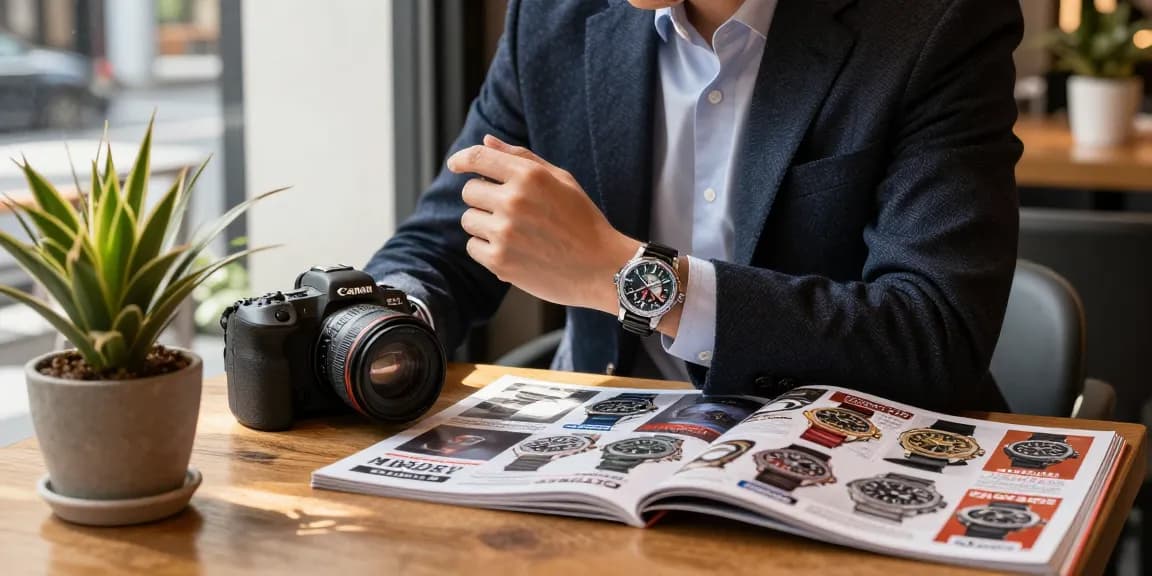 Admiring replica watches in a stylish cafe, showcasing detailed craftsmanship and luxury.