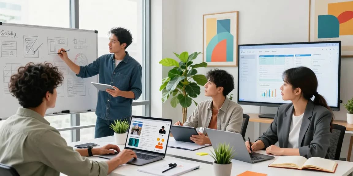 Team collaborating with mixboard ai on digital workspace, showcasing creative brainstorming.