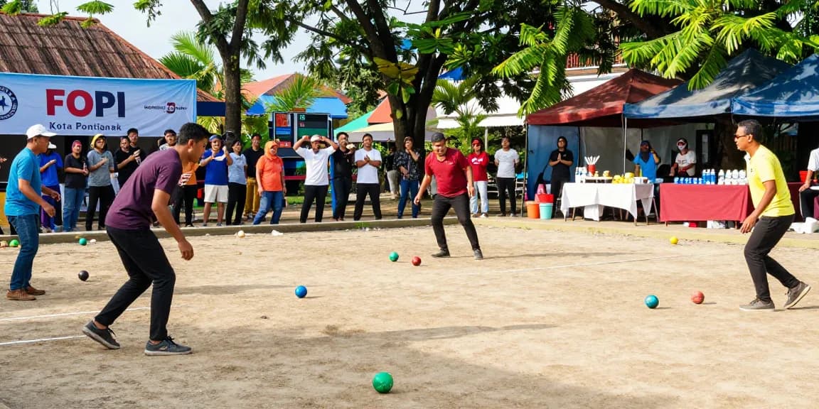Exciting petanque match at FOPI Kota Pontianak event showcasing players and community spirit around fopikotapontiana.org.