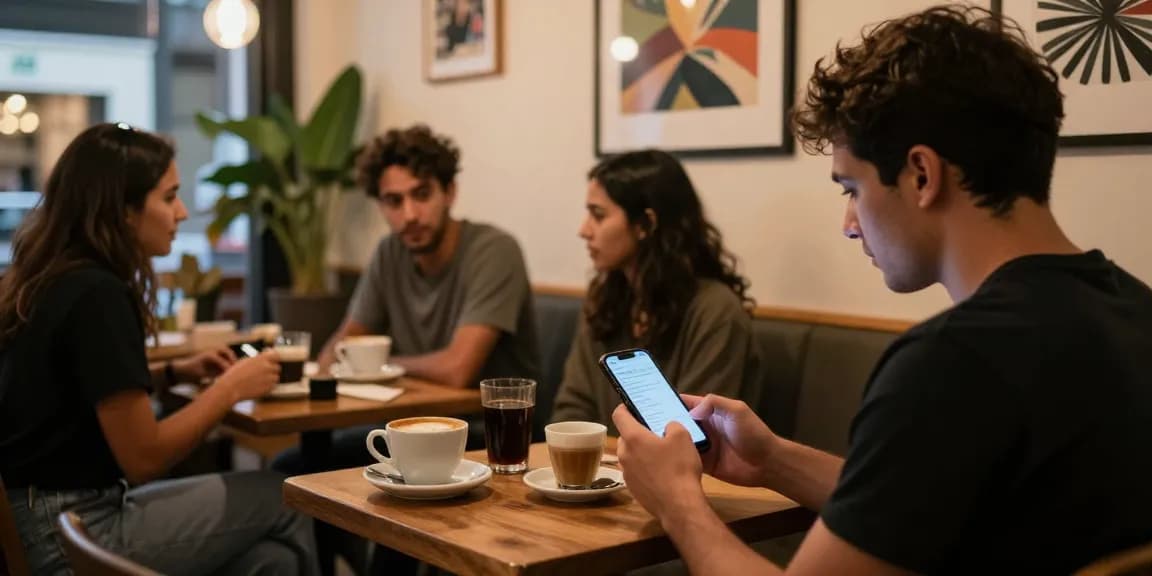 Person viewing NSFW content alerts in cozy coffee shop setting, highlighting casual urban lifestyle.