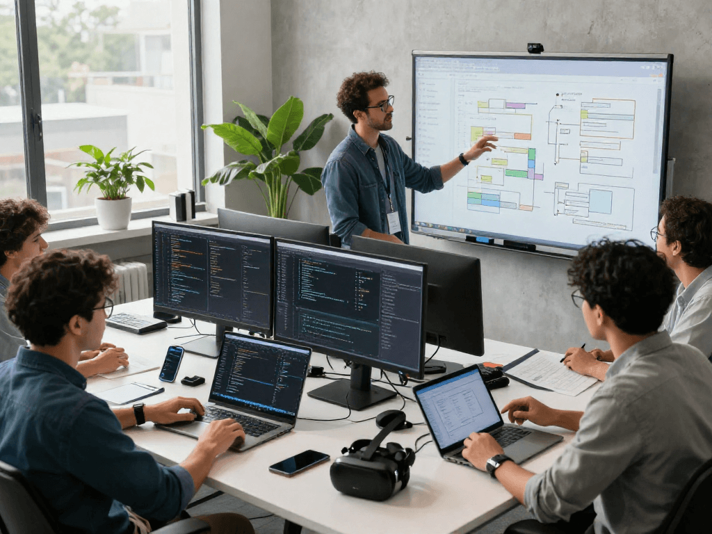 Collaboration in a tech office at https://ieee.org.uk showcasing software engineers discussing project plans.