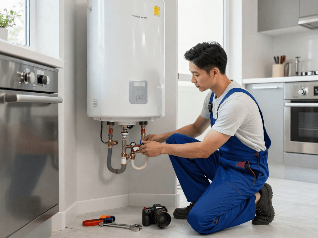 Direct water heater repair Fort Worth service in a modern kitchen with a skilled plumber inspecting a water heater.