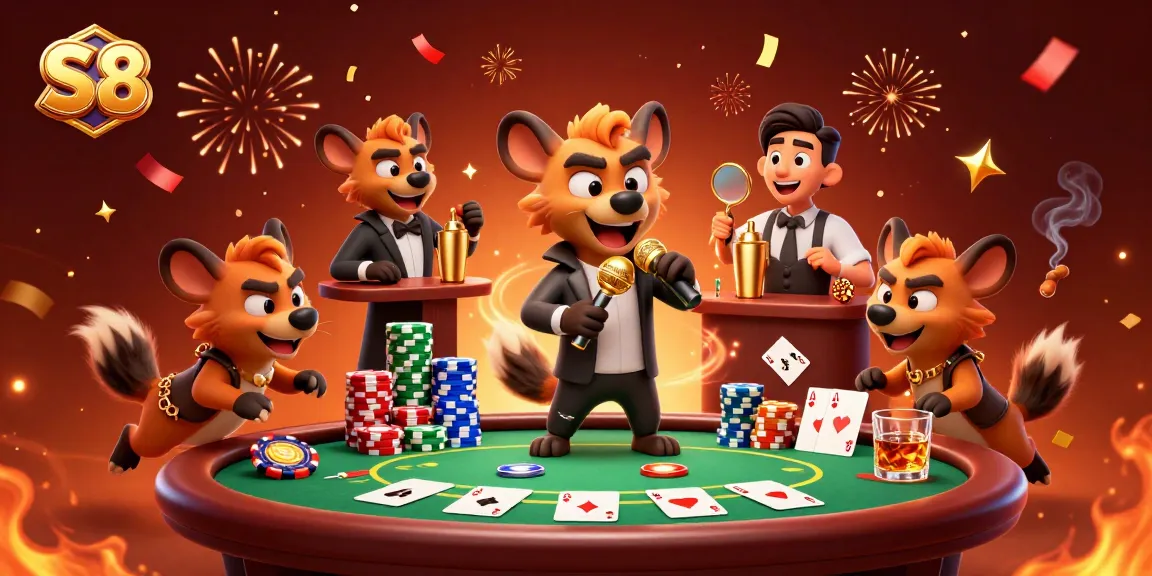 S8 hyenas entertain guests at a vibrant casino club featuring poker and celebratory elements.
