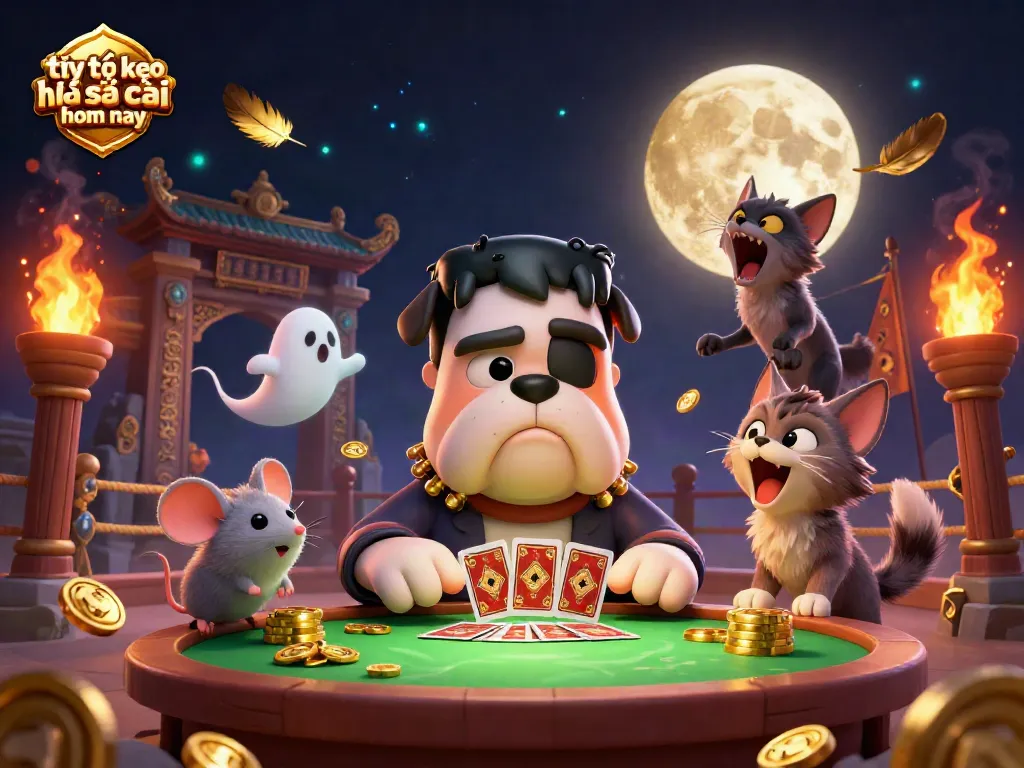 Experience the excitement of tỷ lệ kèo nhà cái hôm nay with a captivating 3D casino scene featuring a cartoon villain dealing cards amidst playful effects.