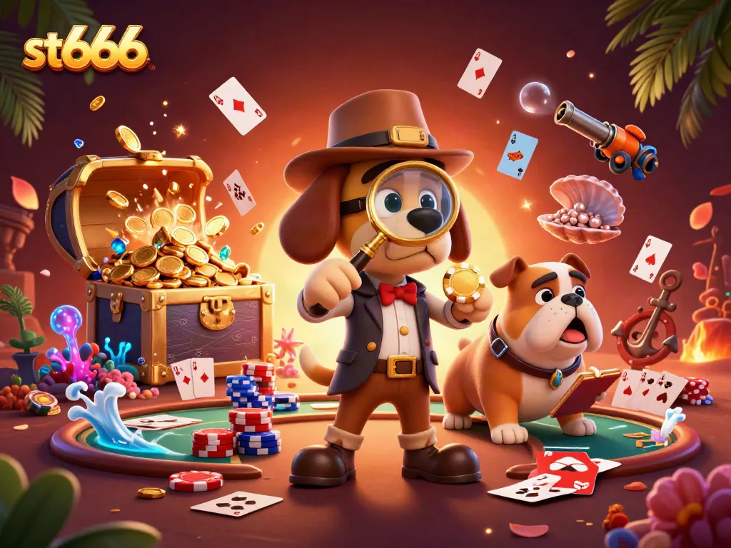 Play poker with st666 surrounded by vibrant elements and a whimsical detective scene.