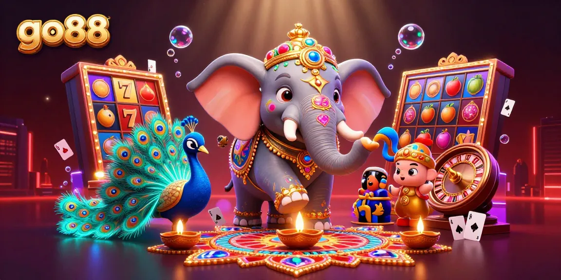 Spin and win jackpots at go88 with colorful 3D visuals of vibrant casino elements and festive characters.