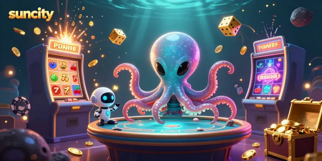 Suncity's thrilling poker scene features an alien octopus and a robot, bursting with casino energy.