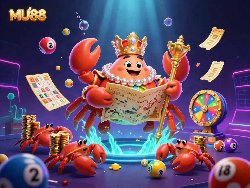 Engage with MU88's vibrant gaming scene featuring dynamic lottery elements and a golden crab emperor.