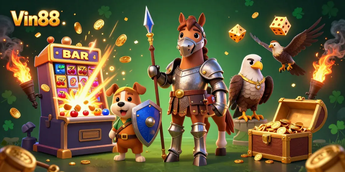 Experience Vin88 excitement with a vibrant slot machine and heroic characters amidst a casino explosion.