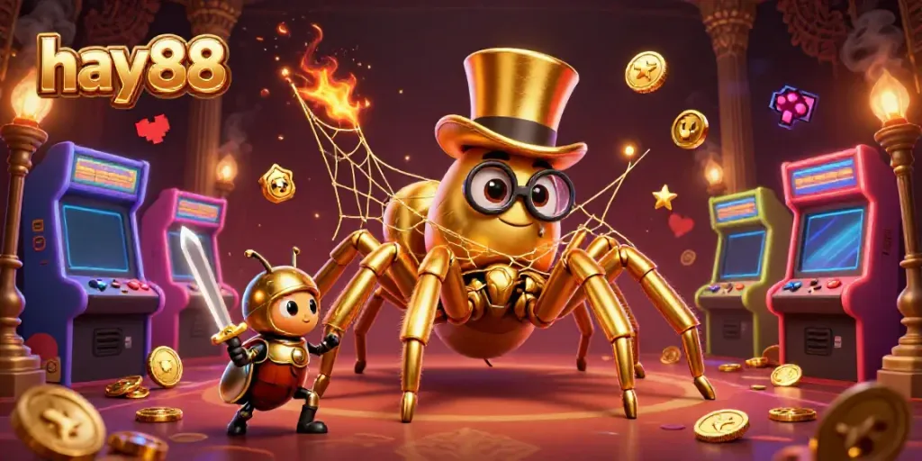 Experience exciting casino adventures at hay88 with a giant golden tarantula and a brave beetle knight.