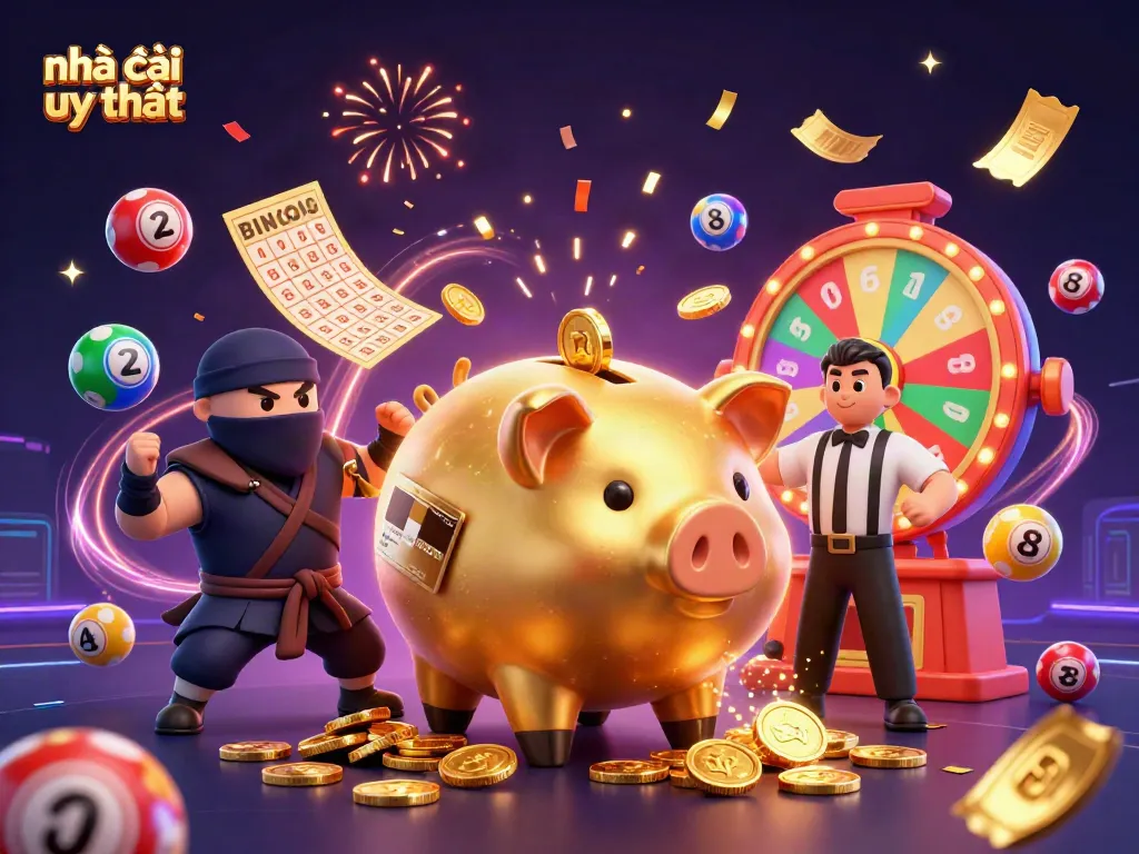 Experience vibrant excitement with nhà cái uy tín in this dynamic casino-themed illustration showcasing joyful characters.