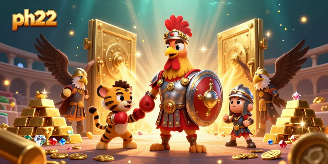 ph22 online casino scene featuring a gladiator rooster, gold treasures, and casino elements