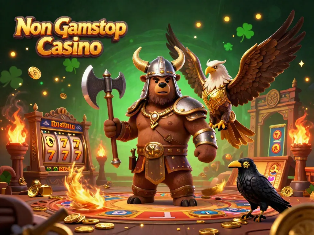 Engage in thrilling action at Non Gamstop Casino, illustrated with a Viking bear and Valkyrie eagle.