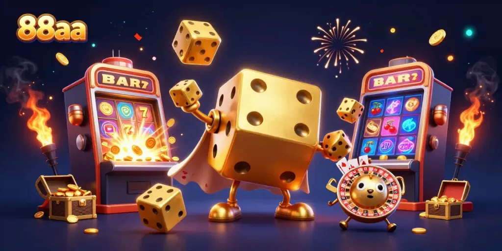 Experience the thrill of 88aa casino with dazzling golden dice and jackpot excitement.