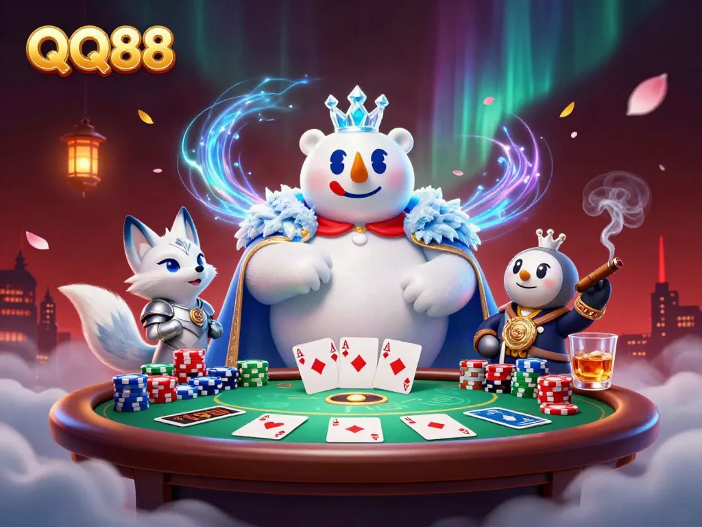 Experience an exhilarating poker game with QQ88's dynamic 3D characters in an enchanting illustration.
