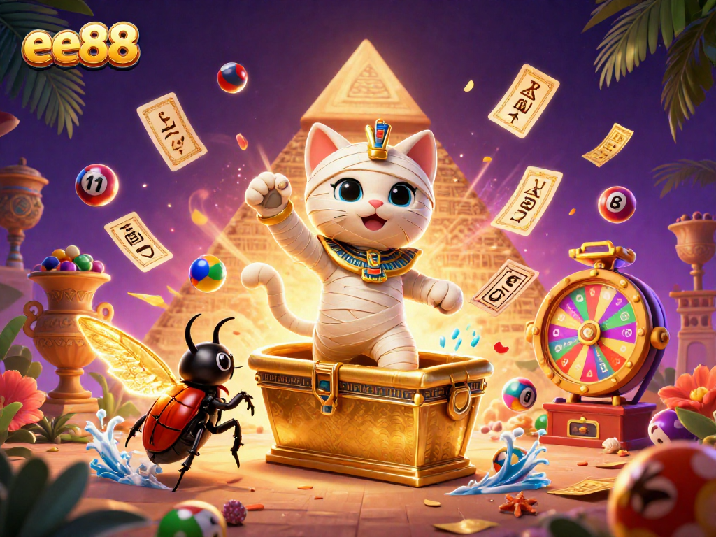Join the excitement at ee88 as the mummy cat emerges from a golden sarcophagus in a lively casino scene.