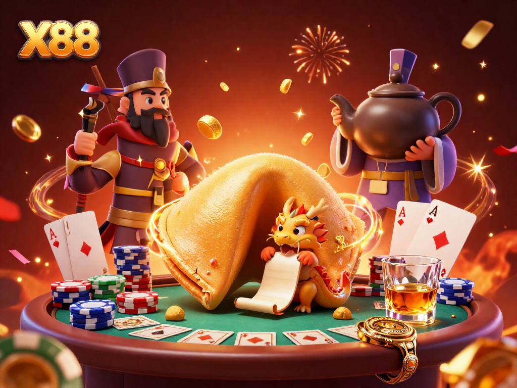 Engage with X88 casino excitement featuring a golden fortune cookie and poker elements!