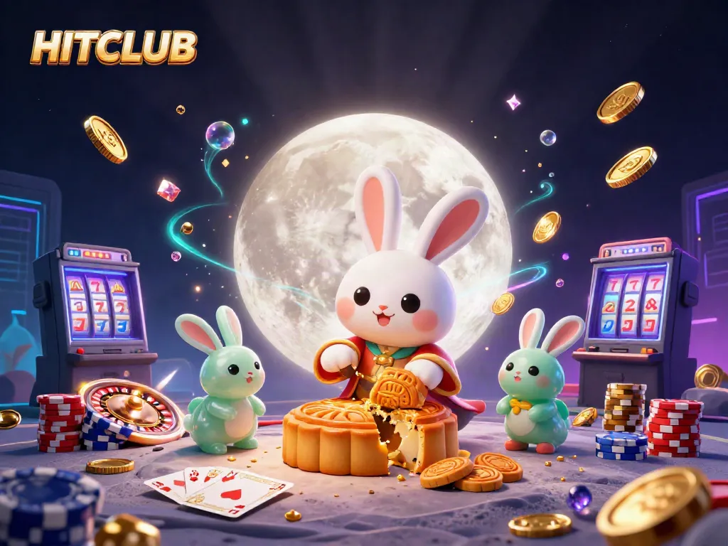 Engage in thrilling gameplay with HITCLUB's dynamic casino scene featuring a moon rabbit and exciting gaming elements.