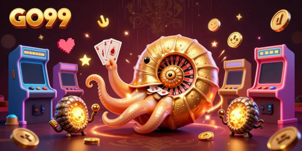 Experience the excitement of GO99 with a dazzling 3D casino scene featuring a giant nautilus and colorful arcade elements.