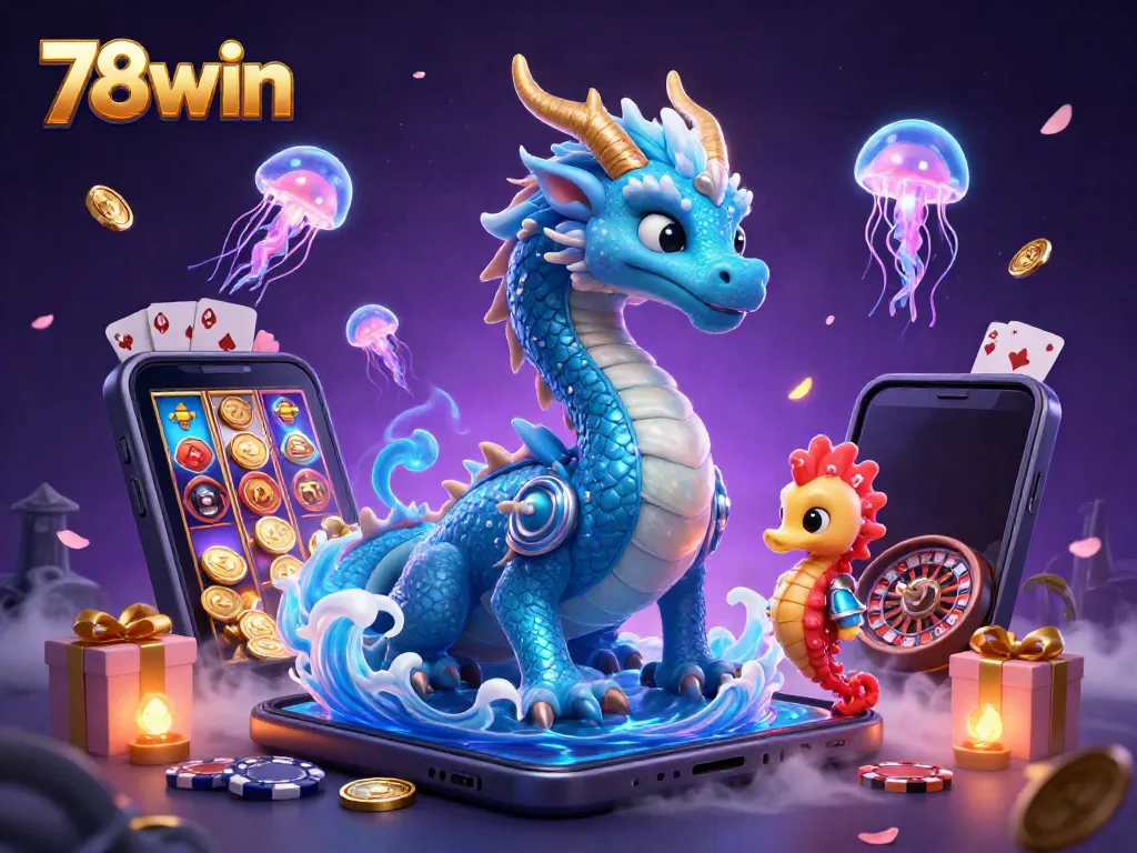 Experience the excitement of winning at 78win with a vibrant 3D casino scene full of gaming elements.