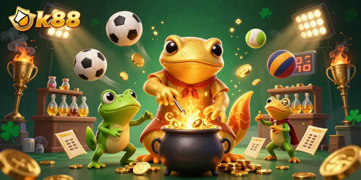 Engage in thrilling sports betting with ok88 in a magical alchemist scene filled with gold and excitement.