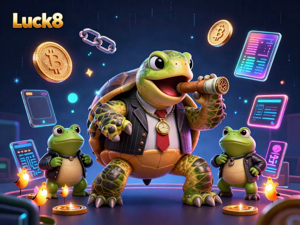Luck8 casino scene with a mobster turtle and bullfrog enforcers surrounded by crypto elements.