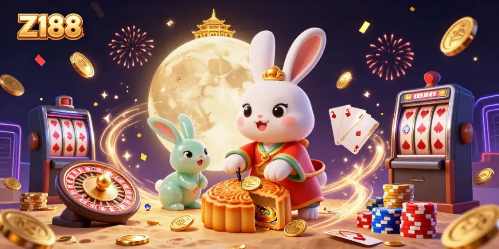 Experience the thrill of Z188 with cartoon moon rabbits celebrating gambling amidst gold coins, poker chips, and casino elements.