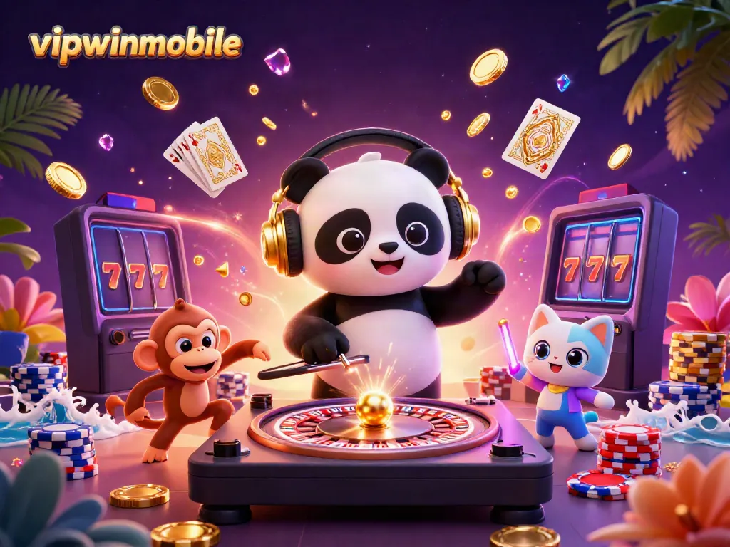 Engage with vipwinmobile's casino action featuring a DJ panda, a dancing monkey, and a rave kitten in a vibrant gambling scene.