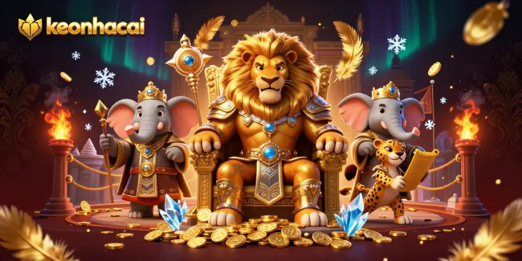 Experience the excitement of keonhacai with a fierce lion king, surrounded by dynamic gaming elements in an energetic casino scene.