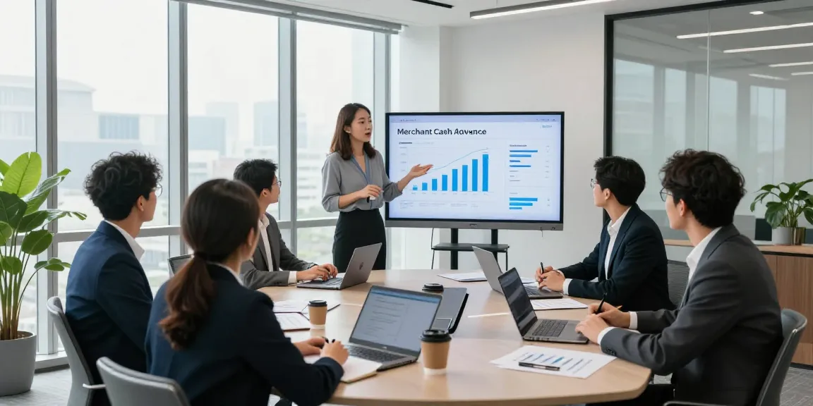 Business professionals discussing Square merchant cash advance options in a modern conference room.