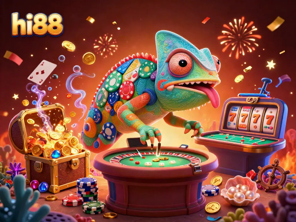 Join the vibrant action at hi88 with an illustration of a chameleon casino owner amidst dazzling gaming elements.