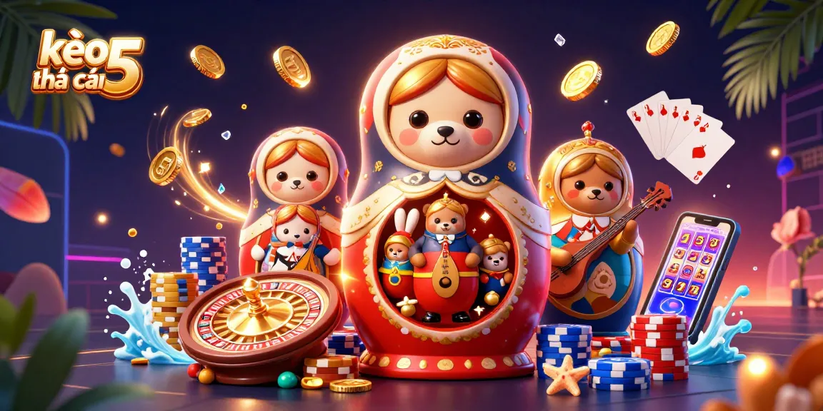 Experience exciting gaming with kèo nhà cái 5 as fun characters celebrate wins among vibrant casino elements.