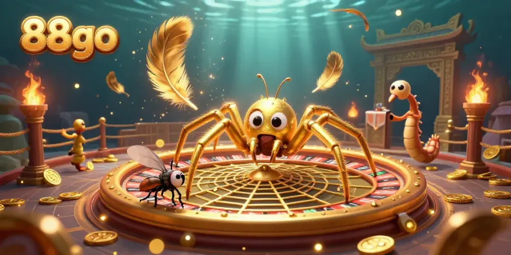 Engage in thrilling bets with 88go's 3D casino-themed illustration featuring a spider croupier.