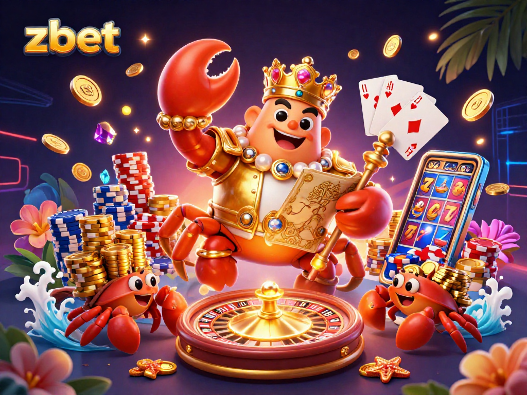 Experience zbet's vibrant gaming world with a majestic crab emperor and dazzling casino elements.