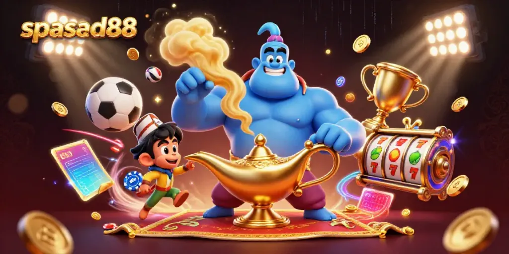 Experience the excitement of spasad88 with a powerful genie, magic carpet, and vibrant casino elements.
