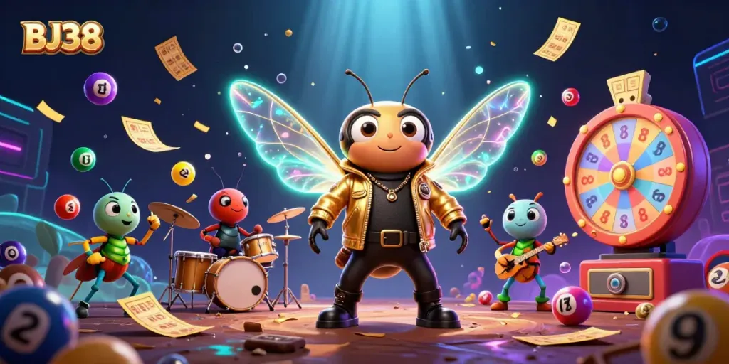 Engage with BJ38's thrilling lottery scene featuring vibrant colorful elements and energetic cartoon characters.
